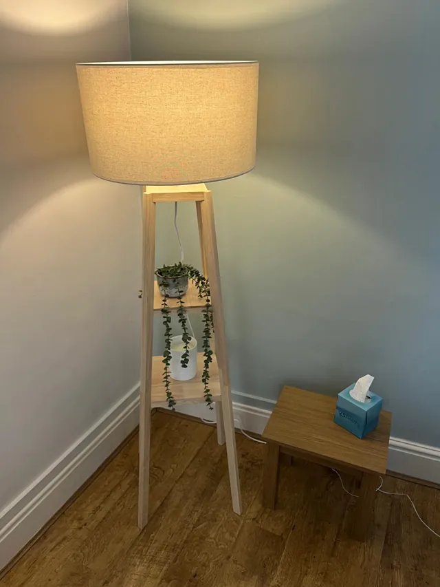 Wooden tripod lamp with a trailing plant beside a small side table