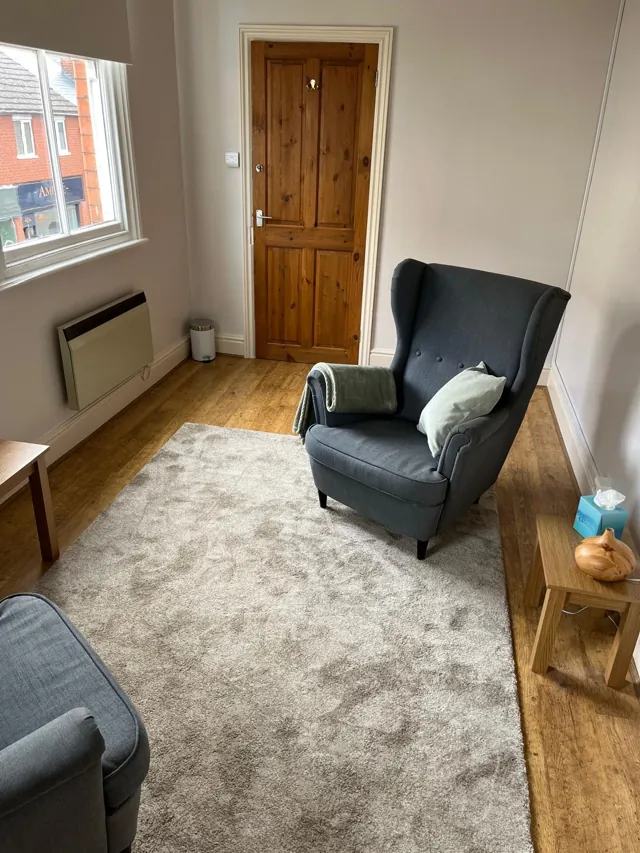 Window-side armchair, wooden door and pale rug in a therapy room
